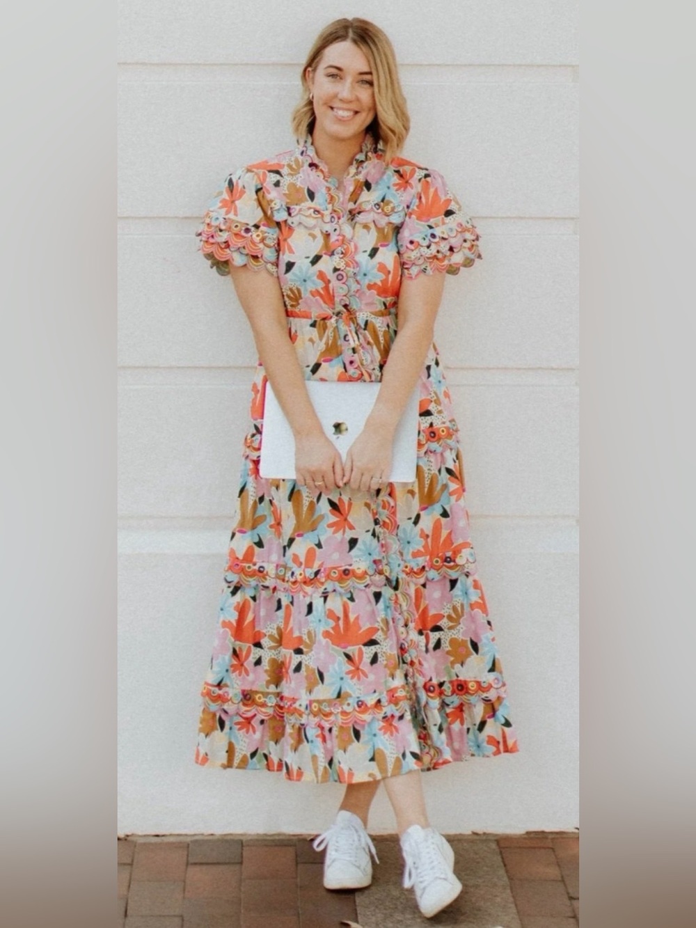 CeliaB Freya Dress Floral Tiered Midi Dress Scalloped XL Embroidered Dress
